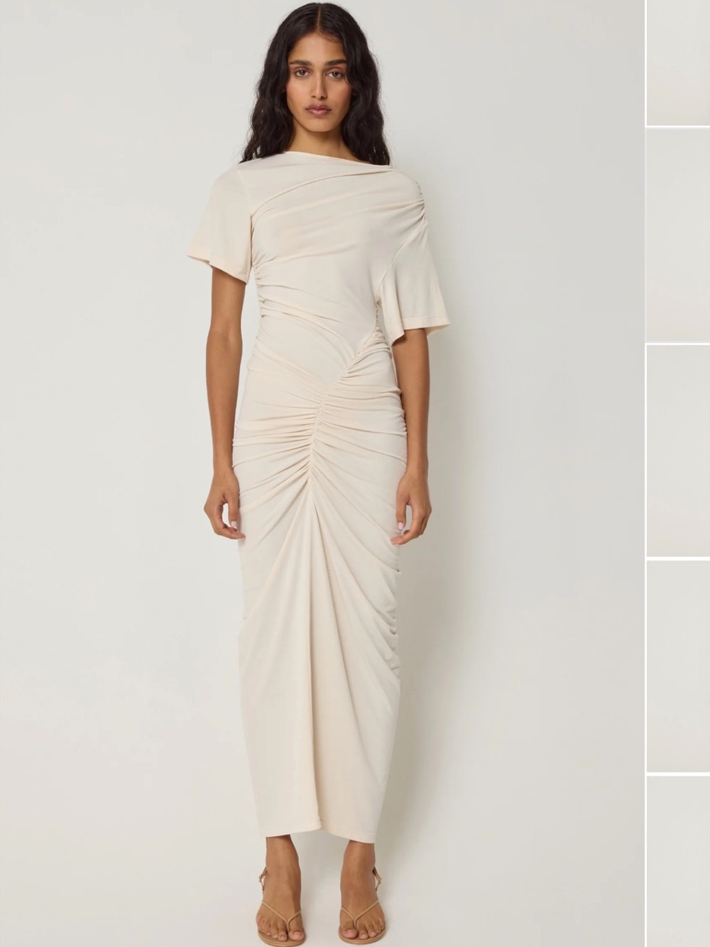 KHY One-Shoulder Cream Draped Ruched Evening Dress